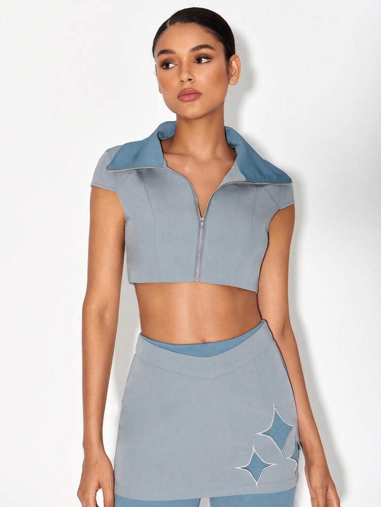 Designer Star Print Zipper Placket Crop Top, For Summer, Holiday, Vacation, Going Out, Festival, Ibiza Fits