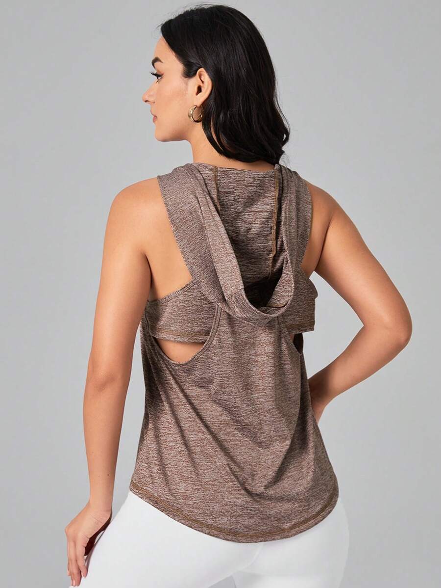 SHEIN Running Cut Out Hooded Sports Tank Top - Brown - View 1