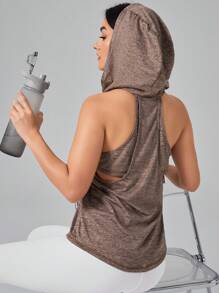 SHEIN Running Cut Out Hooded Sports Tank Top - Brown - View 3