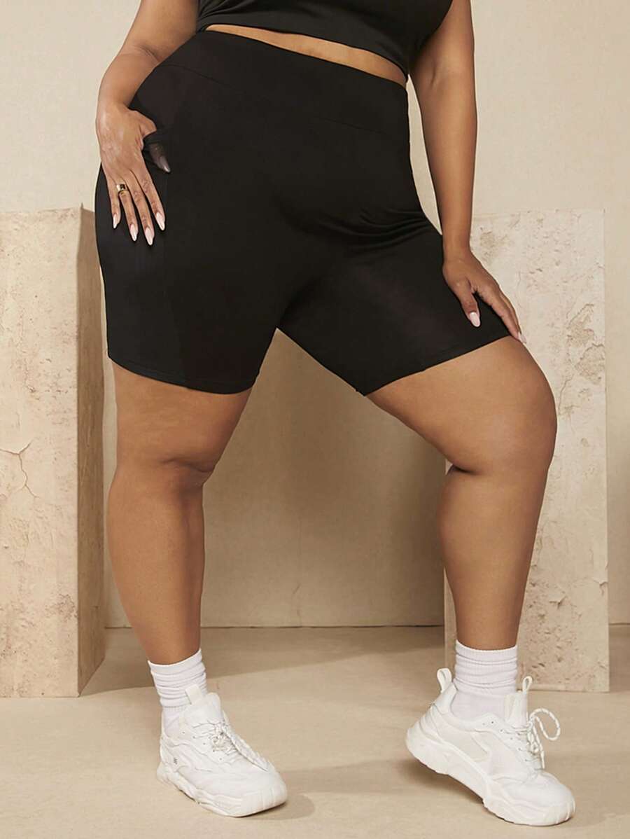 SHEIN CURVE+ Plus Solid High Waist Cycling Shorts - Black - View 1