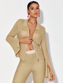 DESIGNED BY TONY Cárdigan de manga con abertura con cremallera - Caqui - Ver 5