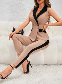 Firerie Double Breasted Vest Blazer & Contrast Side Seam Trousers - Apricot - View 1