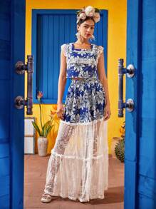 Frida Kahlo X SHEIN X Designer Miranda Gaviño 印花方領短款上衣和蕾絲拼接半身裙