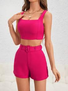 SHEIN Privé 素色短款背心和附腰帶短褲 - 玫紅色 - 查看 5