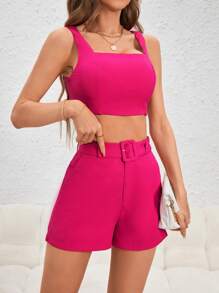 SHEIN Privé 素色短款背心和附腰帶短褲 - 玫紅色 - 查看 2