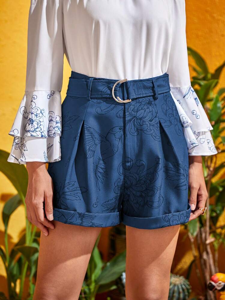 Israel Jasso Frida Kahlo X SHEIN X Designer 鳥和印花褶皺細節金屬扣環腰帶短褲 - 藏蓝色 - 查看 1
