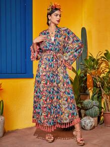 Delapaz Frida Kahlo X SHEIN X Designer 滿版印花流蘇邊腰帶和服罩衫 - 彩色 - 查看 1