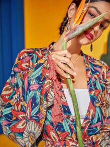 Delapaz Frida Kahlo X SHEIN X Designer 滿版印花流蘇邊腰帶和服罩衫 - 彩色 - 查看 4