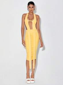Xclusive Habit Cut Out Front Halter Neck Backless Ruched Bodycon Dress - Yellow - View 1