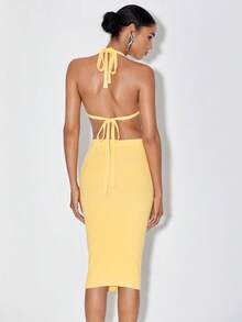 Xclusive Habit Cut Out Front Halter Neck Backless Ruched Bodycon Dress - Yellow - View 2