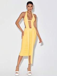 Xclusive Habit Cut Out Front Halter Neck Backless Ruched Bodycon Dress - Yellow - View 5