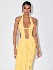 Xclusive Habit Cut Out Front Halter Neck Backless Ruched Bodycon Dress - Yellow - View 6