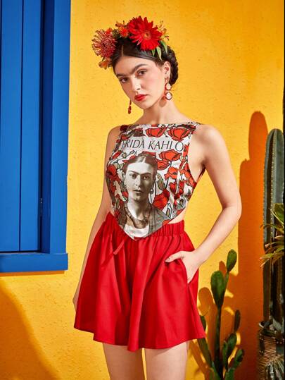 Frida Kahlo X SHEIN X Designer The Perfect Party 人物和字母圖案背心上衣