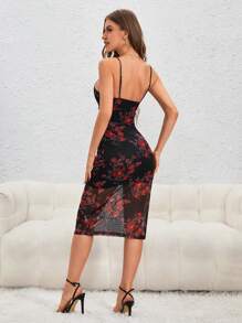 SHEIN Privé 印花褶邊網紗覆蓋吊帶連衣裙 - 彩色 - 查看 2