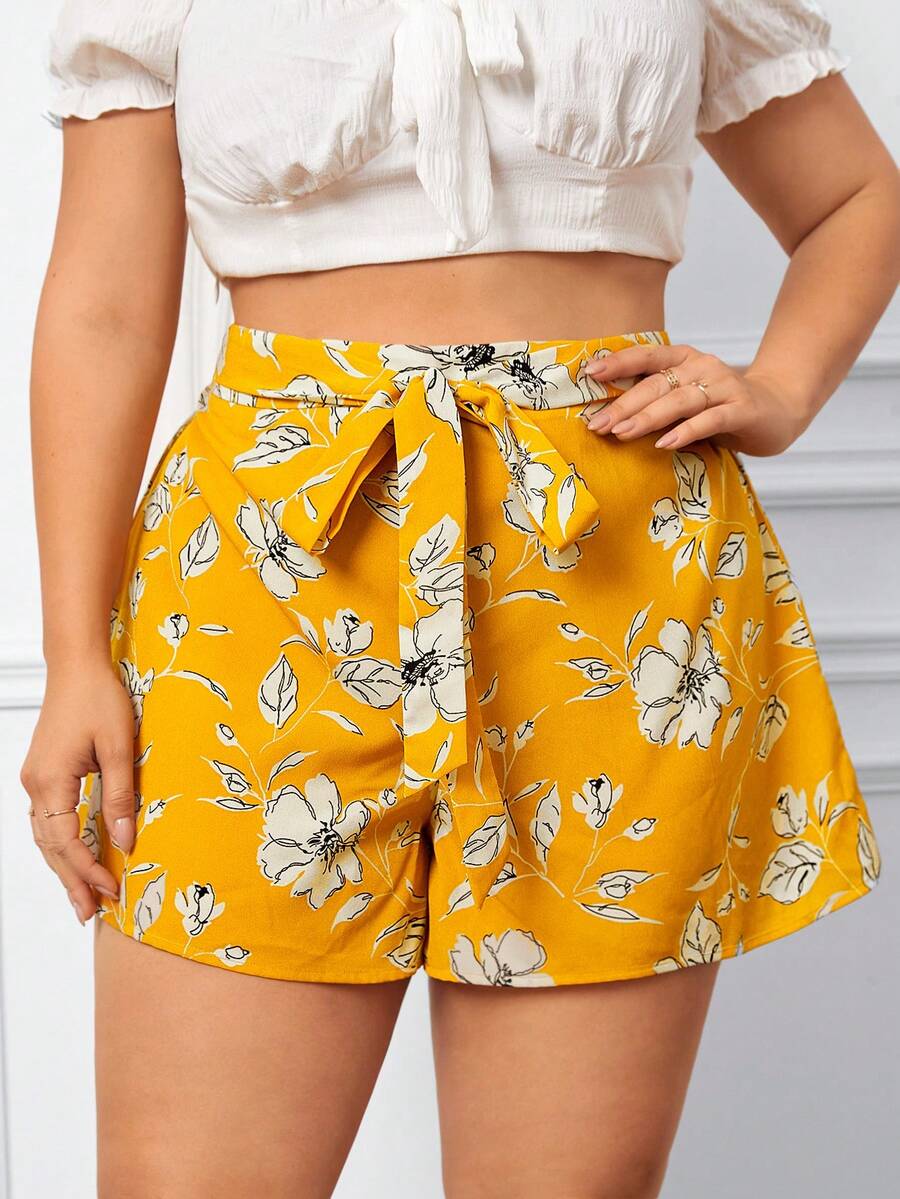 SHEIN VCAY 大碼印花附腰帶短褲 - 芥末黃 - 查看 1