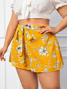 SHEIN VCAY 大碼印花附腰帶短褲 - 芥末黃 - 查看 5