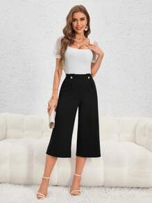 Firerie 優雅鈕扣 紙袋褲腰純色女士長褲 - 黑色 - 查看 3