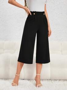 Firerie 優雅鈕扣 紙袋褲腰純色女士長褲 - 黑色 - 查看 4