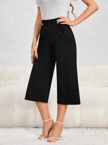 Firerie 優雅鈕扣 紙袋褲腰純色女士長褲 - 黑色 - 查看 5