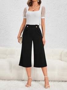 Firerie 優雅鈕扣 紙袋褲腰純色女士長褲 - 黑色 - 查看 6