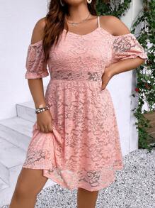 SHEIN Clasi Vestido de hombros descubiertos con encaje - Rosa - Ver 1