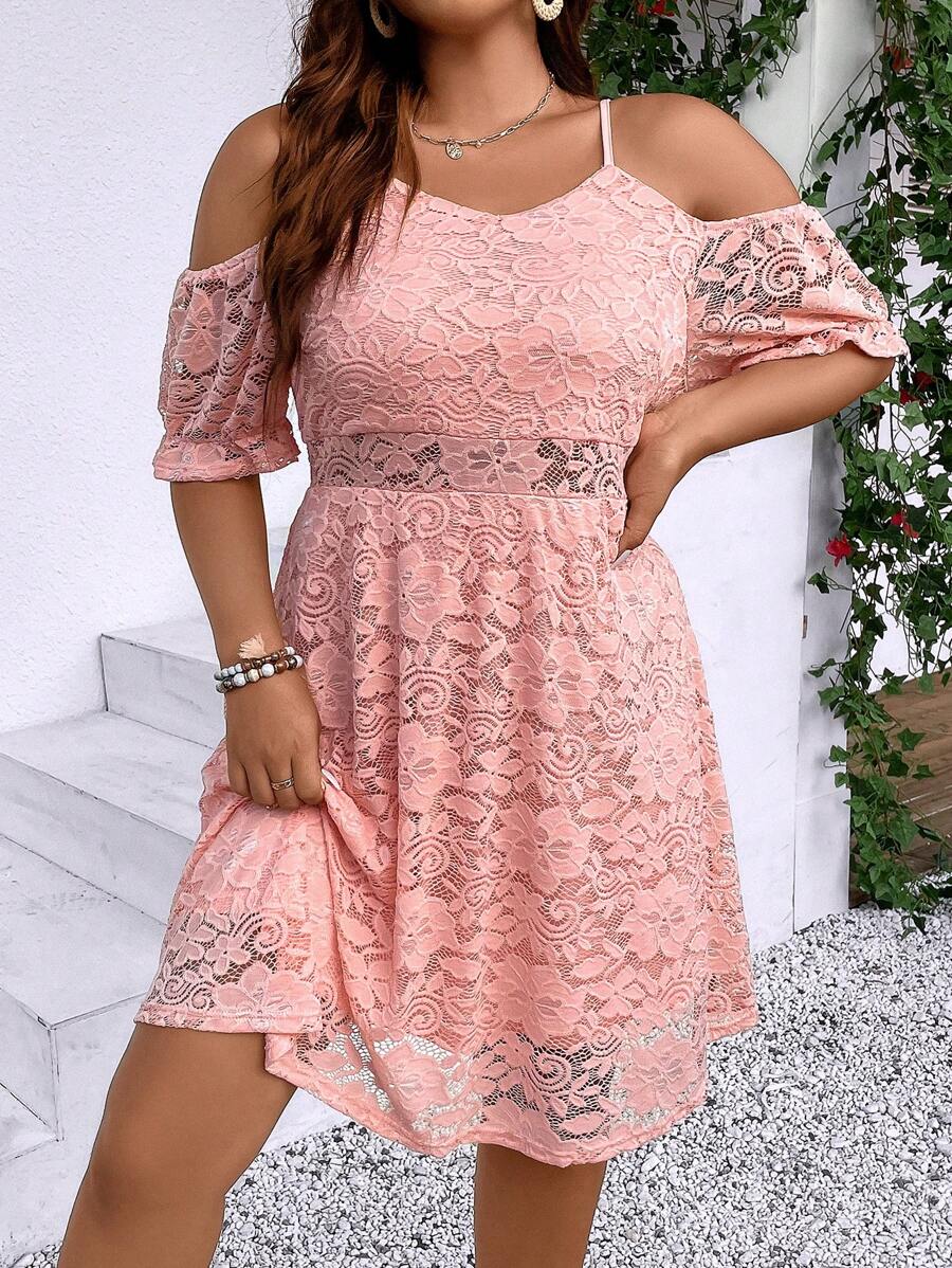 SHEIN Clasi Vestido de hombros descubiertos con encaje - Rosa - Ver 1
