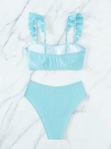 條紋圖案褶邊比基尼泳裝