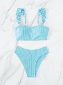 條紋圖案褶邊比基尼泳裝