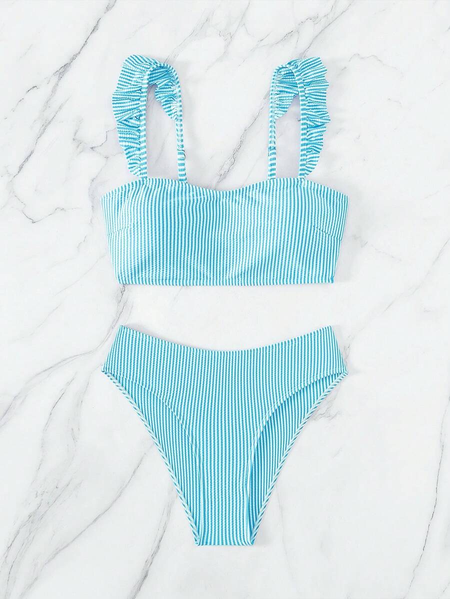 條紋圖案褶邊比基尼泳裝