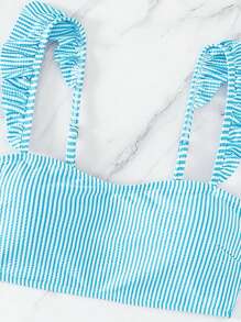 條紋圖案褶邊比基尼泳裝