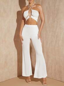 SHEIN VCAY 性感露背 交叉 後系帶純色女士兩件套 - 白色 - 查看 1