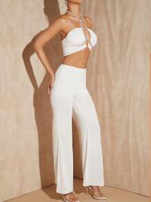 SHEIN VCAY 性感露背 交叉 後系帶純色女士兩件套 - 白色 - 查看 4