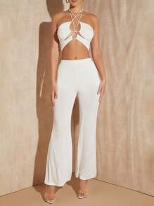 SHEIN VCAY 性感露背 交叉 後系帶純色女士兩件套 - 白色 - 查看 5