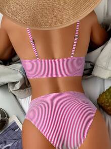SHEIN Swim Summer Beach Striped Ruffle Trim Bikini Set - Hot Pink - View 2