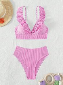 SHEIN Swim Summer Beach Striped Ruffle Trim Bikini Set - Hot Pink - View 6