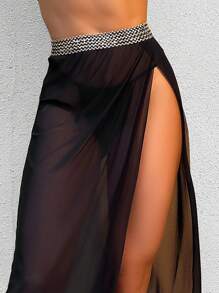 膠帶細節高衩透視網紗沙灘纏腰式半身裙 - 黑色 - 查看 5