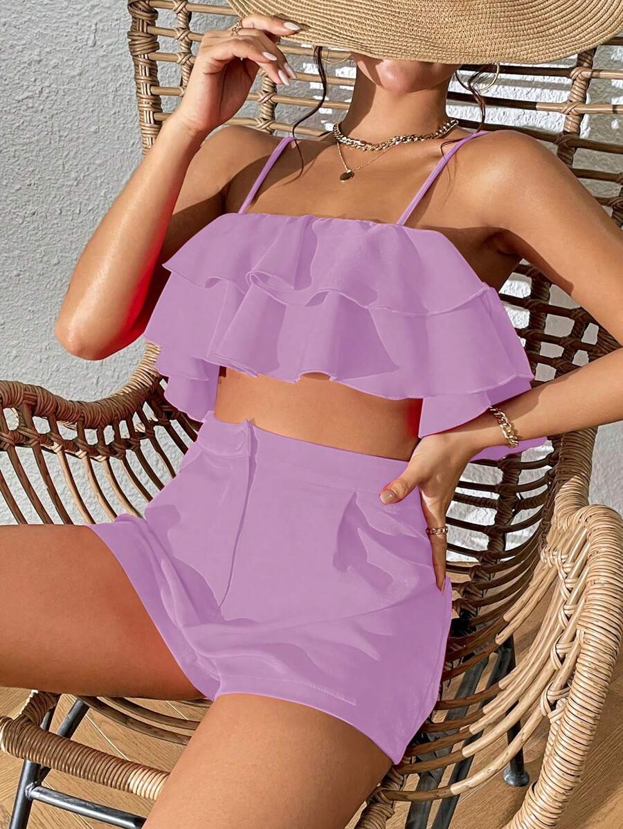 SHEIN VCAY 荷葉邊吊帶背心和短褲 - 紫色 - 查看 1
