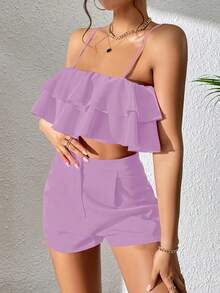 SHEIN VCAY 荷葉邊吊帶背心和短褲 - 紫色 - 查看 3