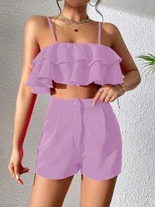 SHEIN VCAY 荷葉邊吊帶背心和短褲 - 紫色 - 查看 5