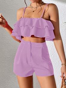 SHEIN VCAY 荷葉邊吊帶背心和短褲 - 紫色 - 查看 6