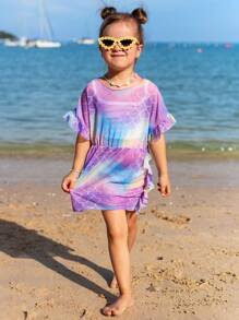 Young Girl Ombre Fish Scales Print Ruffle Trim Cover Up Summer Holiday - Multicolor - View 3