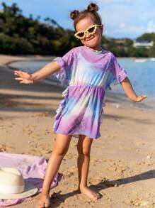 Young Girl Ombre Fish Scales Print Ruffle Trim Cover Up Summer Holiday - Multicolor - View 4