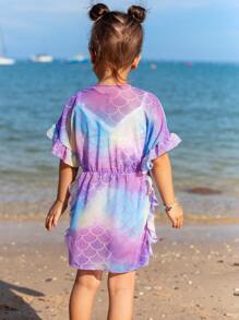 Young Girl Ombre Fish Scales Print Ruffle Trim Cover Up Summer Holiday - Multicolor - View 5