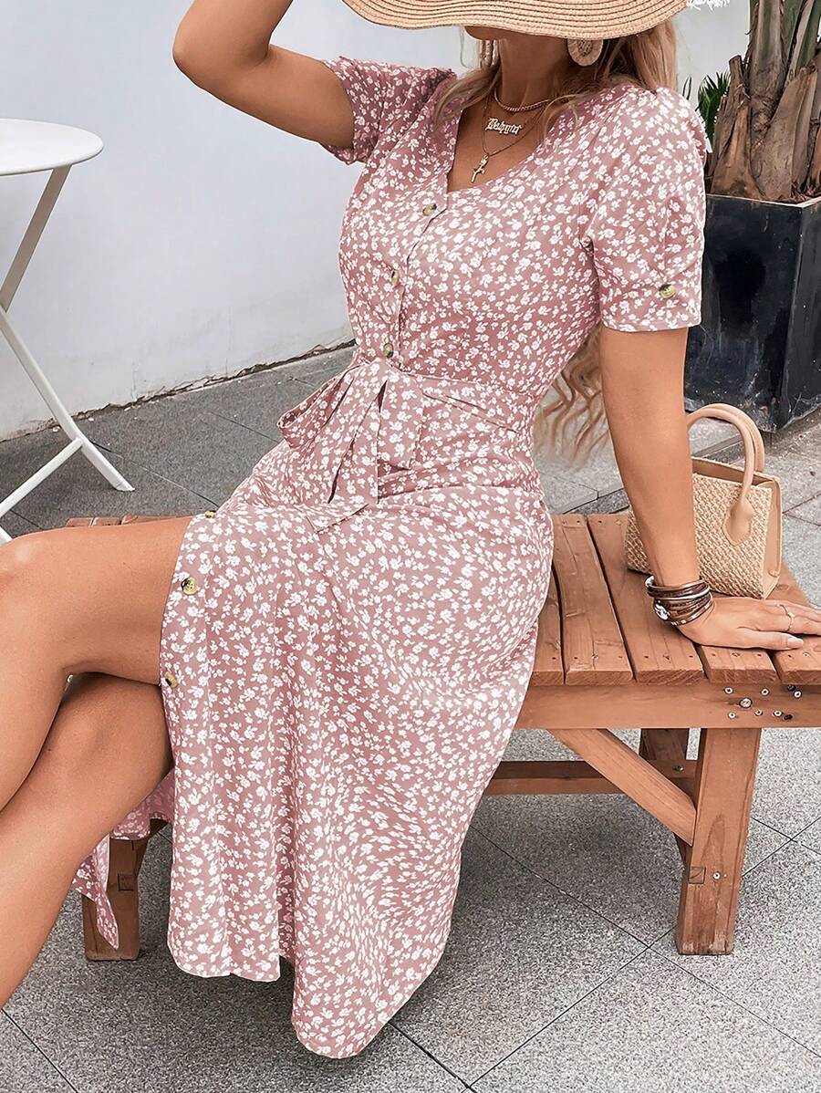 SHEIN LUNE Ditsy Floral Print Button Front Belted Dress - Dusty Pink - View 1