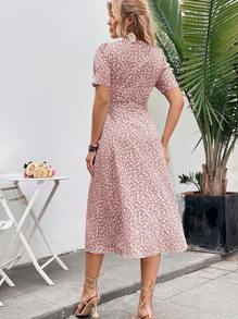 SHEIN LUNE Ditsy Floral Print Button Front Belted Dress - Dusty Pink - View 2
