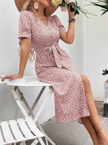 SHEIN LUNE Ditsy Floral Print Button Front Belted Dress - Dusty Pink - View 4