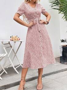SHEIN LUNE Ditsy Floral Print Button Front Belted Dress - Dusty Pink - View 5