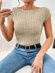 SHEIN Privé 素色露背短款T恤 - 杏色 - 查看 1