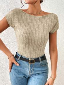 SHEIN Privé 素色露背短款T恤 - 杏色 - 查看 8