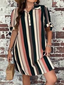 SHEIN LUNE Đầm Plus Size Nút Thắt nút Nút phía trước Sọc Giải trí - Nhiều màu - Xem 2
